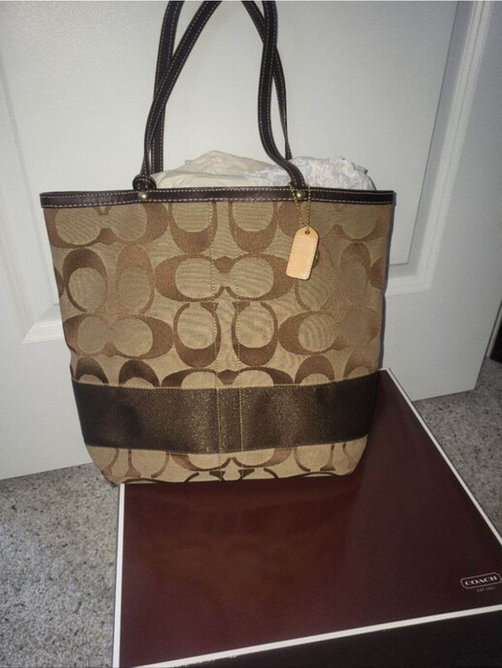 Coach Tan Signature Canvas Tote with Dark Brown Trim